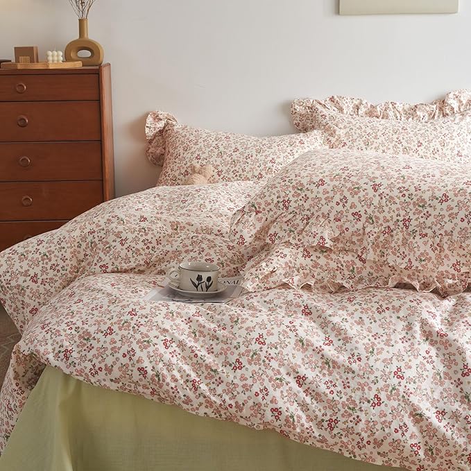 HighBuy Ruffle Comforter Set King Pink Floral 3 Piece Botanical Bedding Comforter Sets King with 2 Pillowcases Cozy Boho Style Comfy Soft Comforter Set for Women Girl Bedding Collection