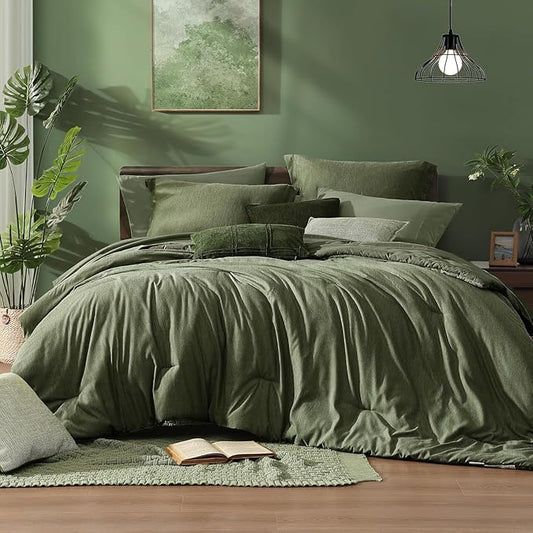 Monbix California King Comforter Set - 7 Pieces Cationic Dyeing Olive Green Bed in a Bag Cal King Bedding Sets with Comforter, Sheets, Pillowcases & Shams, Reversible Bedding Comforters Sets