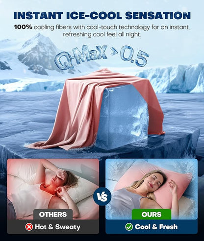 Ultra-Chill Cooling Pillowcase Set of 2 for Hot Sleepers, Softer Than Silk Pillow Cases for Protecting Hair & Skin, Breathable Bed Pillow Covers w/Zipper, Gifts for Women Men (Pink, King)
