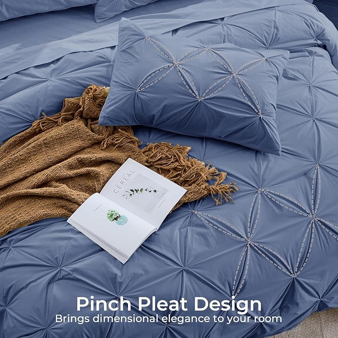 Sasttie Full Size Comforter Set, 7-Piece Bed in a Bag, Pintuck Bedding Set for All Season, Includes Comforter, Flat Sheet, Fitted Sheet, Pillowcases and Pillowshams, Slate Blue