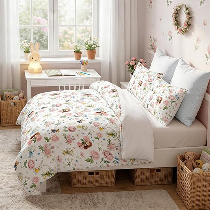 Girls Twin Size Bed in A Bag for Kids, 5Pcs Pink Rose Comforter Set Priness Rabbit Bear Bedding, 1 Quilted Comforter(68"x86")&2 Pillowcase&1 Flat Sheet &1 Fitted Sheet