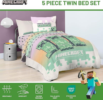 Minecraft Creeper Twin Comforter Set - 5 Piece Bedding Includes Sheet Set & Pillow Covers - Super Soft Pink & Green Kids Bedding