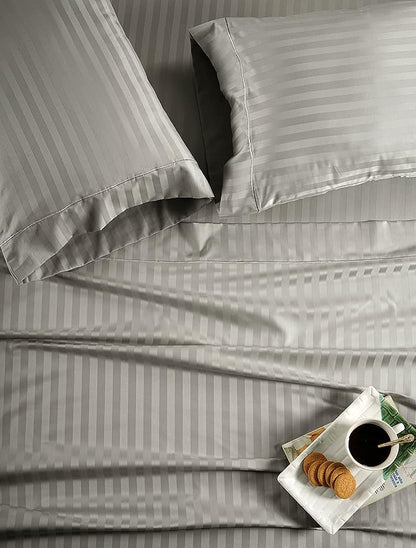 LANE LINEN Striped Sheets Set - 100% Egyptian Cotton 4 Piece Bed for Queen Size Hotel Bedding & Pillowcases 16" Deep Pocket (Fits Upto 17" Mattress) Silver