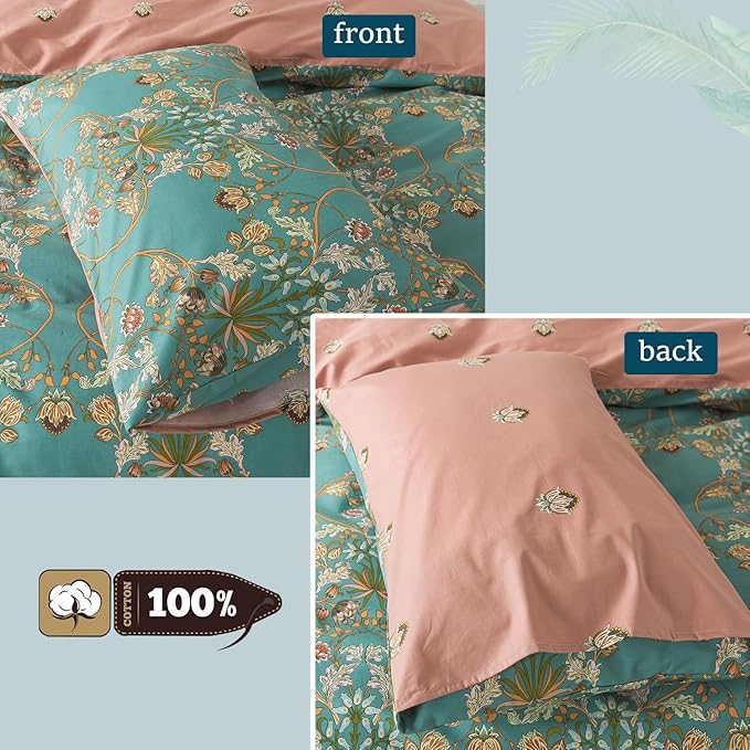 Zusbest 100% Cotton Blue Floral Pillowcases Standard Size Set of 2, 19''×29'', Queen Size Teal Orange French Country Floral Printed Reversible Pillow Covers Soft Envelope Queen Pillowcase Protectors