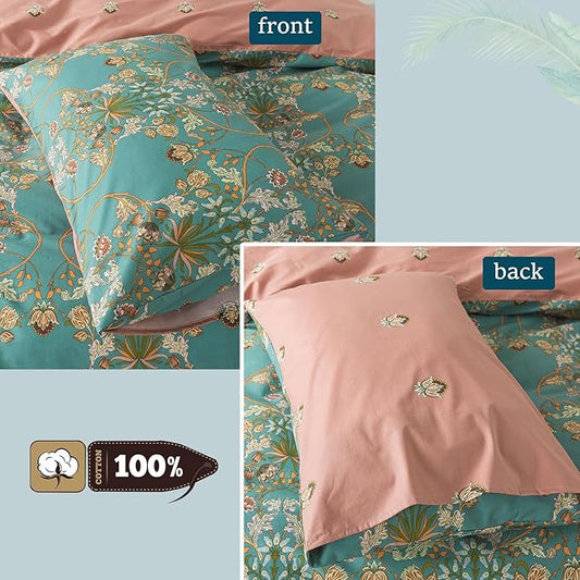 Zusbest 100% Cotton Blue Floral Pillowcases Standard Size Set of 2, 19''×29'', Queen Size Teal Orange French Country Floral Printed Reversible Pillow Covers Soft Envelope Queen Pillowcase Protectors