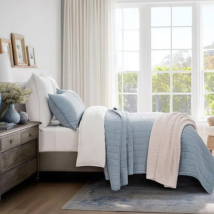 EVERGRACEHOME 100% Cotton Box Stitch Quilt Bedding Set King Size 3 Pieces, Garment-Washed Lightweight Soft Cozy Coverlet, Oversized Quilted Bedspread Sets with 2 Shams for All Season, Blue Linen