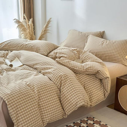 LifeTB Brown Gingham Duvet Cover Twin Size 100% Washed Cotton Beige Tan Plaid Checkered Comforter Cover Soft Breathable Grid Plaid Duvet Cover Farmhouse Gingham Bedding Set for All Seasons