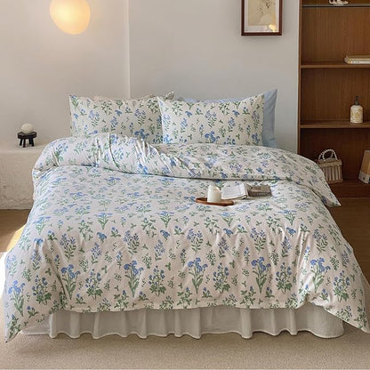 HighBuy Full Comforter Set Blue Floral Bedding Comforter Set Full White for Girl Green Botanical Coquette Bedding Set Bed Comforter with 2 Pillowcases,Boho Comforter Sets Garden Bedding Sets
