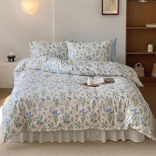 HighBuy Full Comforter Set Blue Floral Bedding Comforter Set Full White for Girl Green Botanical Coquette Bedding Set Bed Comforter with 2 Pillowcases,Boho Comforter Sets Garden Bedding Sets