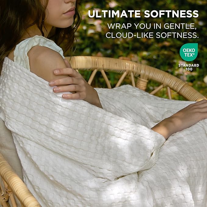 Bedsure Cooling Waffle Queen Size Blanket - Lightweight Cotton Spring Blanket of Rayon Derived from Bamboo for Hot Sleepers, Luxury Throws for Bed, Couch and Sofa, Ivory, 90x90 Inches
