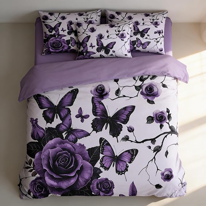 Vintage Floral Comforter Set Queen Size, Purple Floral Bedding Set for Gothic Bedroom Decor, 3 Pieces Soft Microfiber Lightweight Comforter Set with 2 Pillowcases, 90"x90"