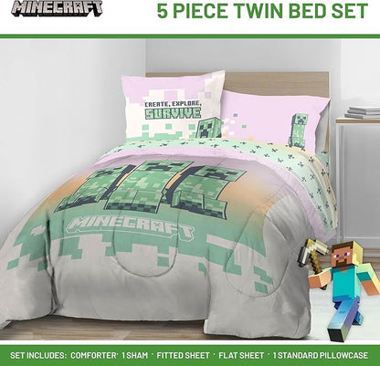 Minecraft Creeper Twin Comforter Set - 5 Piece Bedding Includes Sheet Set & Pillow Covers - Super Soft Pink & Green Kids Bedding