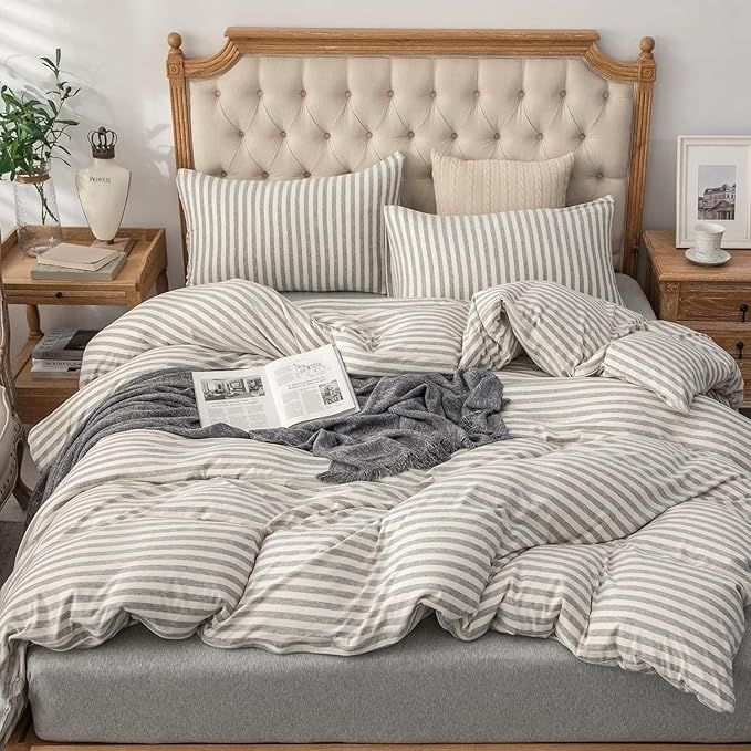 PURE ERA Jersey Knit Duvet Cover Set 100% T-Shirt Heather Cotton Super Soft Comfy Classic Striped Design, with Zipper Closure, Grey & White Stripe, Full