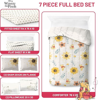 Jay Franco Disney Winnie The Pooh Full Sized Comforter Set - 7 Piece Bedding Includes Sheet Set & Pillow Covers - Super Soft Cozy Floral Bedding