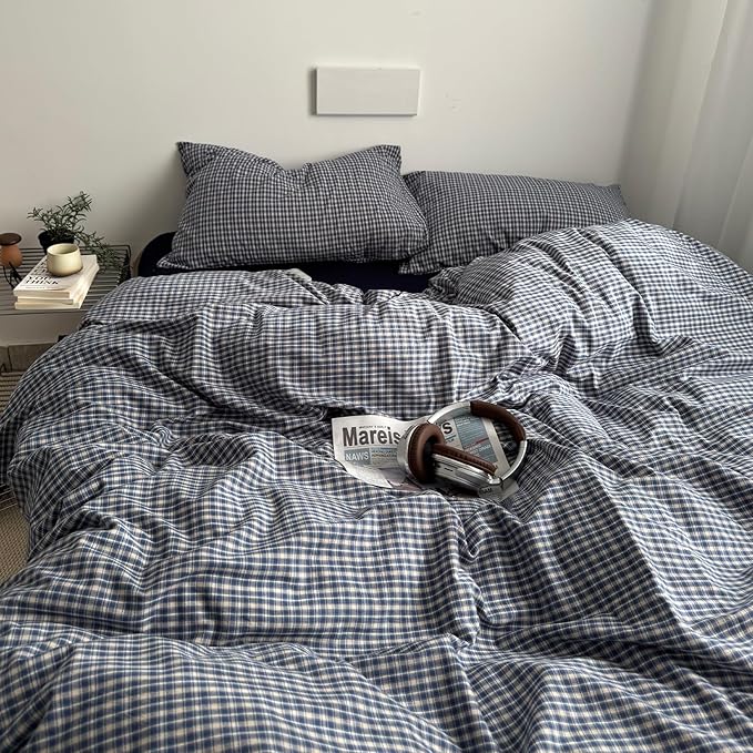 EAVD Vintage Blue Plaid Gingham Duvet Cover Twin Soft 100% Washed Cotton Reversible Grid Plaid Checkered Gingham Bedding Set with 2 Pillowcases Farmhouse Blue Plaid Duvet Cover with Zipper