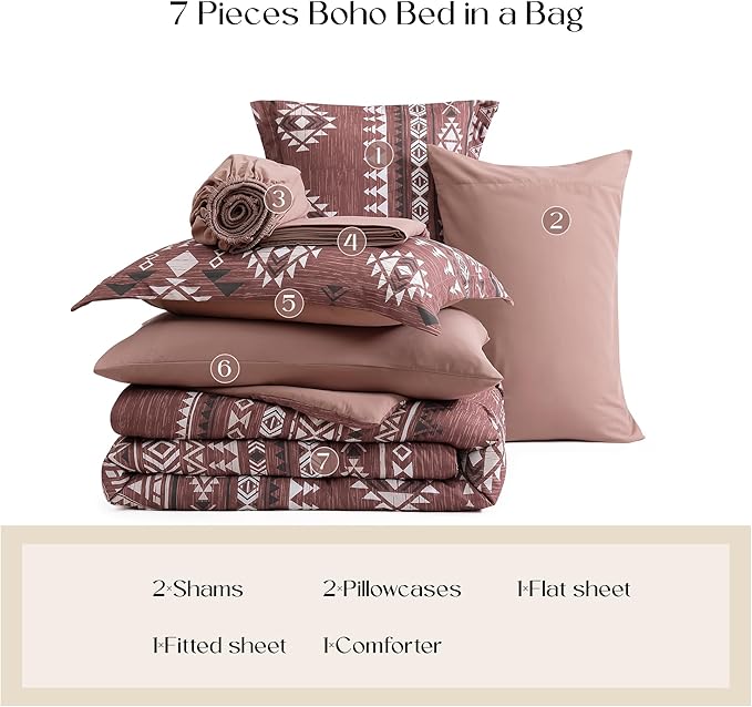 Geniospin Queen Comforter Set - 7 Pieces Bedding Set, Boho Bed in A Bag, Lightweight Soft Aztec Bedding, All Season Bed Comforter Set with Sheets, Pillowcases & Shams