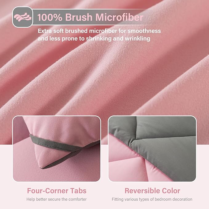Cosybay Bed in a Bag King Comforter Sets 7pcs All Season Solid Down Alternative Bedding Sets Pink and Grey with Comforter, Pillow Shams, Flat Sheet, Fitted Sheet and Pillowcases