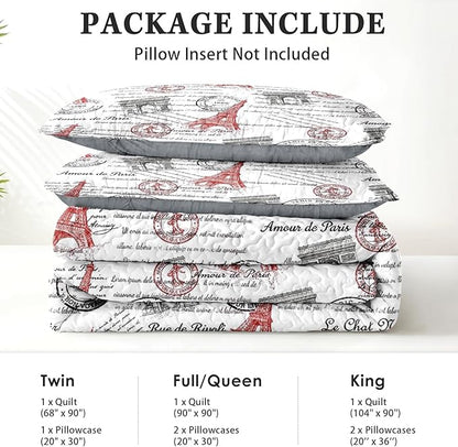 Quilt Set Full/Queen Size, Paris Vintage Eiffel Tower 3 Pcs Soft Bed Cover Bedding Set for Kids and Adults, France Old Iron Lightweight Bedspread Coverlet with Pillow Sham for All Season