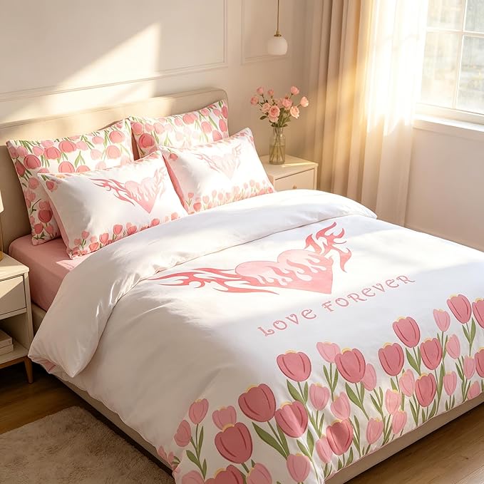 Girls Pink Floral Comforter Set Twin Size, Pink Tulip Soft Microfiber Bedding Set with Love Heart Pattern, 3Pieces All Season Lightweight Summer Comforter Set for Girls