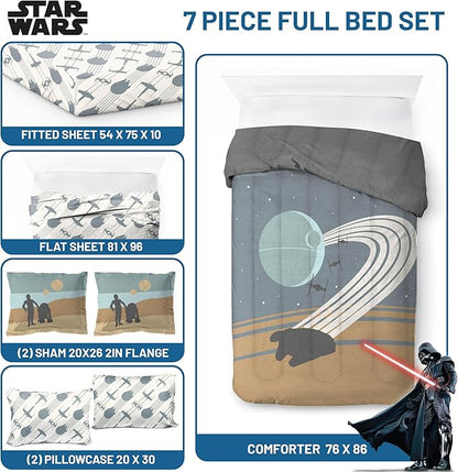Jay Franco Star Wars Full Size Comforter Set - 7 Piece Bedding Includes Sheet Set & Pillow Covers - Super Soft Cozy Bedding with Death Star and Millennium Falcon