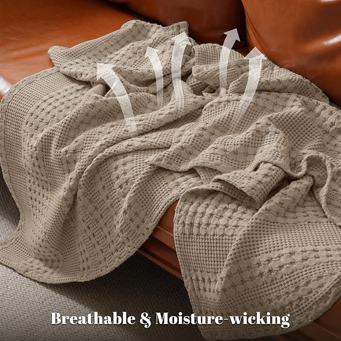 PHF 100% Cotton Waffle Weave Throw Blanket, Soft Lightweight Breathable Cozy Throws for Couch Bed Sofa, Luxury Aesthetic Blanket Gift for Home Decor & Office, 50"x60", Taupe
