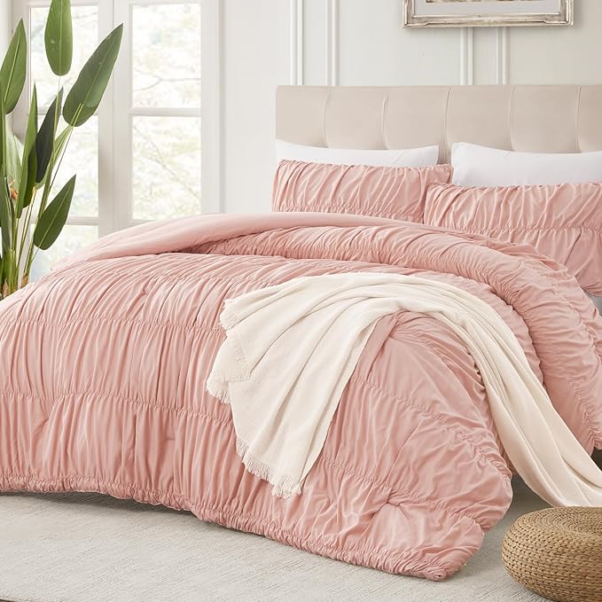Andency Ruched Blush Pink Queen Comforter Set, Shabby Chic Pleated Bedding Sets 3 Pieces, Lightweight Soft Boho Ruffle Bed Set for Girls, Kids, Women, All Season