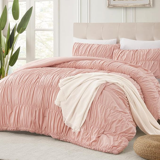 Andency Ruched Blush Pink Twin Size Comforter Sets, Shabby Chic Pleated Bedding Sets 2 Pieces, Lightweight Soft Boho Ruffle Bed Set for Girls, Kids, Women, All Season