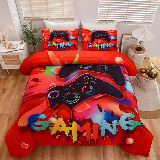 Aimuan Gaming Comforter Sets for Boys Kids Bedding Sets Video Games Console Action Buttons Novelty Colorful Game Gamepad Controller Modern Gamer Room Decor Home Quilt Set (Queen, Red)