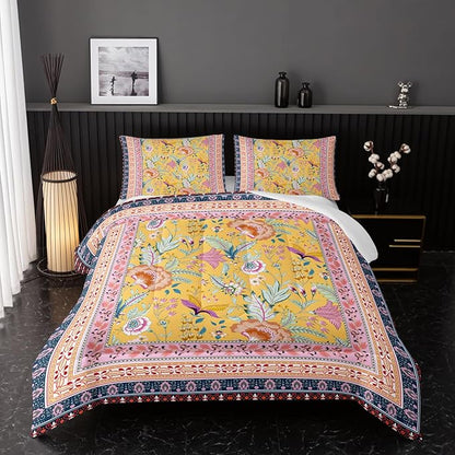 Retro Plants Comforter Sets Queen Size,Flower Pattern Bedding Set for Your Room,Rectangle Abstract Soft Lightweight Quilted Set All Season 1 Comforter and 2 Pillowcases