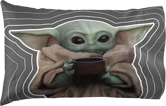 Jay Franco Star Wars The Mandalorian Coffee 1 Pack Pillowcase - Double-Sided Kids Super Soft Bedding - Features The Child Baby Yoda Grogu