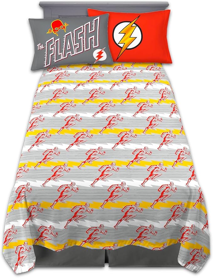 The Flash Bedding Set Full Size Bed - Bundle with DC Comics Flat Sheet, Fitted Sheet, and Pillowcases for Full Bed Plus Stickers, More | The Flash Bedding for Boys