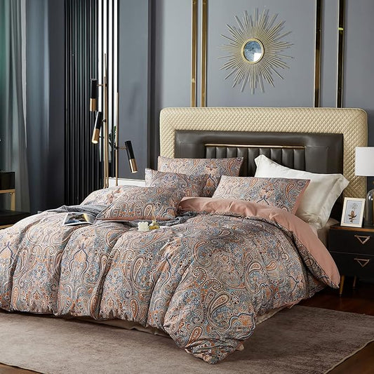 Gold Duvet Cover Set,5 PCS Medallion Paisley Print Comforter Cover Set,Bohemian Pattern Bedding Set,Vintage Style Flower Duvet Cover,Soft Reversible Design(Paisley,King/California King)