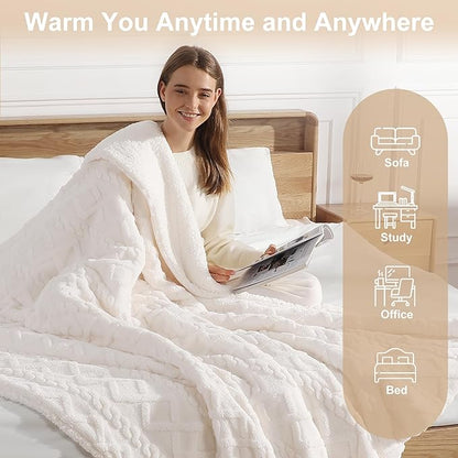 Heated Throw Blanket 50"x60" with 5 Heating Levels & 4 Hours Auto Off, Soft & Plush Sherpa Electric Blanket Throw with ETL & FCC Certification for Home Use, Machine Washable, Great Gift, White