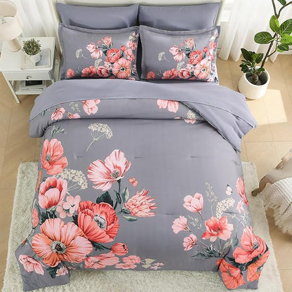 King Size Comforter Set - 7 Pieces Floral Comforter and Sheet Set, Dark Grey King Size Bed in a Bag, Soft Microfiber Flower Complete Bedding Set for All Seasons（Dark Grey,104"x90"）