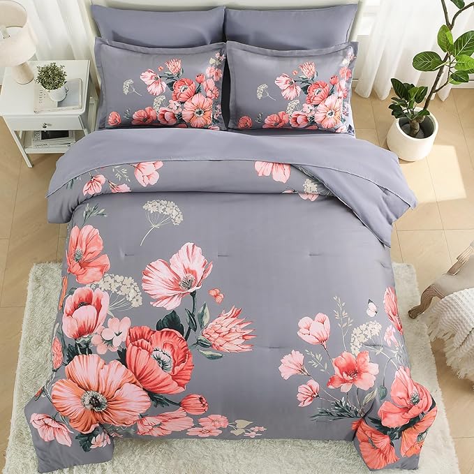 Queen Comforter Set - 7 Pieces Bed in a Bag Dark Grey Floral Queen Comforter Set with Sheets, Soft Microfiber Flower Complete Bedding Set for All Seasons（Dark Grey,90"x90"）