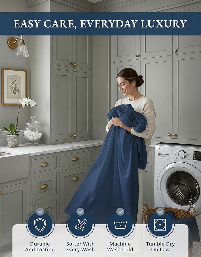 LANE LINEN 100% Egyptian Cotton Bed Sheets Full Size, Long Staple Mercerized Cotton Bedding Sheets, Luxury Hotel Like Thick 15 inch Deep Pocket Full Sheet, Reinforced French Seams -Estate Blue