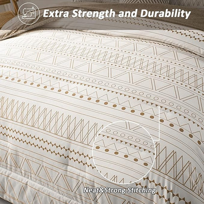 WONGS BEDDING 7 Pieces Khaki Comforter Set Boho Bed in a Bag King Size,Geometric Striped Comforter Reversible Soft Microfiber Bedding Set with Pillowcases,Flat Sheet,Fitted Sheet,Pillow Shams