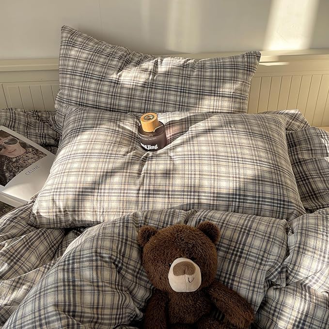 MKXI Queen Modern Plaid Duvet Cover Set 3 Piece - Deep Navy Washed Cotton Bedding, Modern Farmhouse Check Design, Breathable & Vintage Linen Like Bedding Set with Zipper Closure