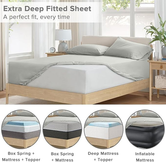 Comfort Spaces Extra Deep Pocket, 100% Cotton King Fits up to 24" Mattress, Breathable, Naturally Cool Cotton, Soft Cotton Sheets, All Seasons Sheet Set, Grey 4 Piece