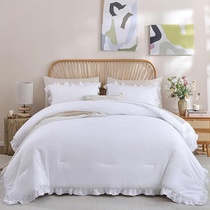 JANZAA Twin Comforter Set White Comforter Ruffled Comforter Set Soft Twin Size Bed Set Vintage Farmhouse Bed Comforter Set Fluffy Shabby Chic Bedding with 1 Pillowcase