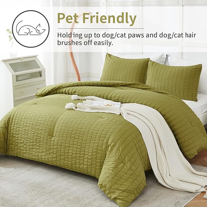 AveLom Olive Green Seersucker Queen Comforter Set (90x90 inches), 3 Pieces-100% Soft Washed Microfiber Lightweight Comforter with 2 Pillowcases, All Season Down Alternative Comforter Set for Bedding