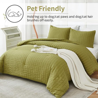 AveLom Olive Green Seersucker Queen Comforter Set (90x90 inches), 3 Pieces-100% Soft Washed Microfiber Lightweight Comforter with 2 Pillowcases, All Season Down Alternative Comforter Set for Bedding