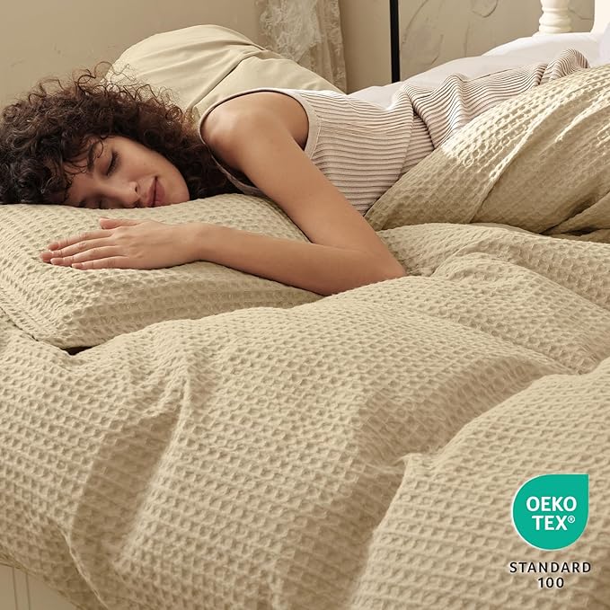 PHF Waffle Weave Duvet Cover Set King Size, No Snagging Ultra Soft Luxury Textured Breathable Comforter Cover for All Season 3pcs, Durable Bedding Duvet Set with 2 Pillow Shams, 104"x90", Khaki
