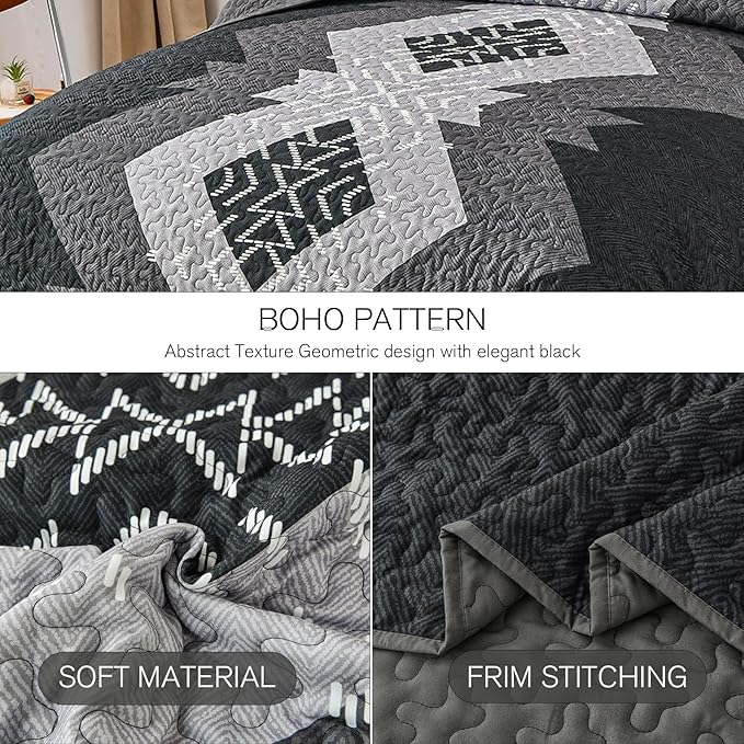 Dintszyayue Boho Quilt Set King Size 3 Pieces Black Grey Aztec Texture Bedspread Coverlet Set Bohemian Quilt Bedding Set Microfiber Lightweight Bed Cover for All Seasons 90"×103"