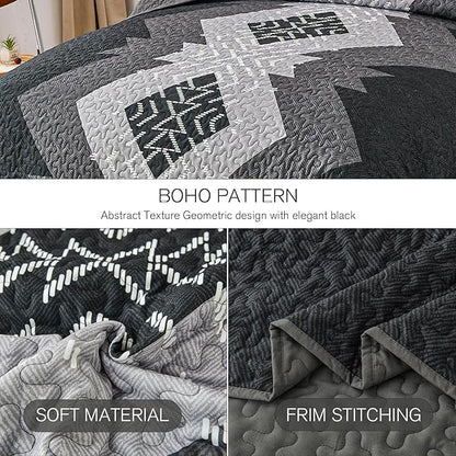 Dintszyayue Boho Quilt Set King Size 3 Pieces Black Grey Aztec Texture Bedspread Coverlet Set Bohemian Quilt Bedding Set Microfiber Lightweight Bed Cover for All Seasons 90"×103"