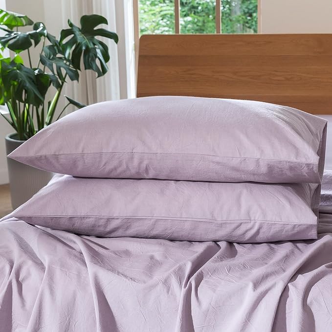 MooMee Bedding Pillowcases Pack of 2 100% Washed Cotton Linen Like Textured Breathable Durable Soft Comfy (Heathered Light Purple, King)