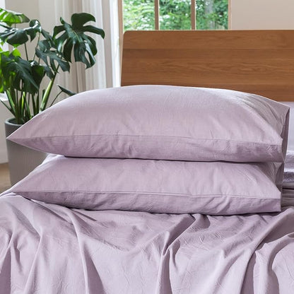 MooMee Bedding Pillowcases Pack of 2 100% Washed Cotton Linen Like Textured Breathable Durable Soft Comfy (Heathered Light Purple, King)