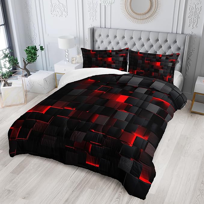 red and Black Queen Size Comforter Set,red and Black Room Decor for Bedroom for Women,Queen Quilt Bedding Set Geometry