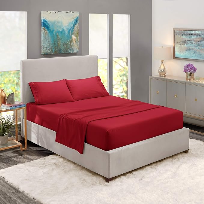 Nestl Full XL Sheet Set - Luxury 1800 Ultra-Soft Microfiber Full Extra Long Bed Sheets - Double Brushed - Deep Pockets - Easy Fit - 4 Piece Set - Bedding Sheets & Pillowcases (Full XL, Burgundy Red)