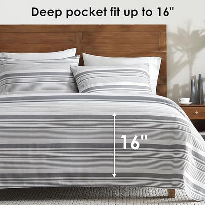 ClevaHome Classic Stripe Sheet Set - 4 Pieces Super Soft & Breathable Bed Sheet Set with Deep Pocket, Enhanced Comfort & Easy Care (Queen, Stone Stripe)